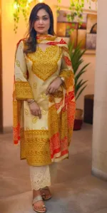 Printed Linen Kameez and Salwar Three Piece, 6 Colour Choices