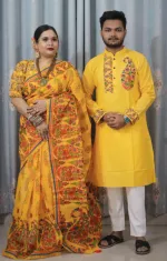 Couple Slub Cotton Panjabi and Half Silk Saree Set, 6 Colours