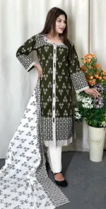 Readymade Cotton Three Piece with Lace Work, Cotton Orna, 4 Colours