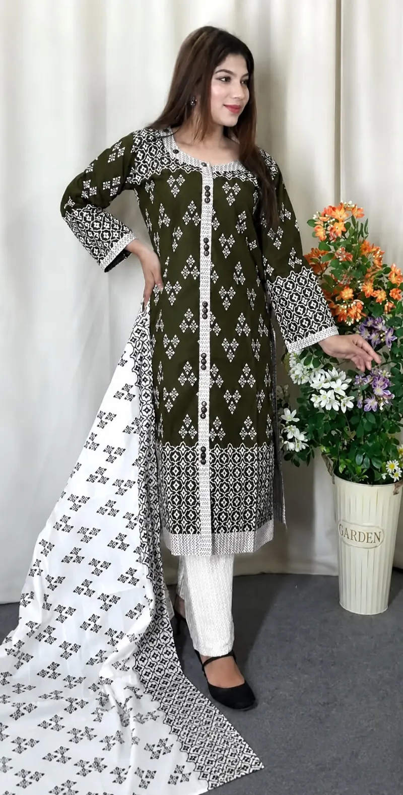 Readymade Cotton Three Piece with Lace Work, Cotton Orna, 4 Colours