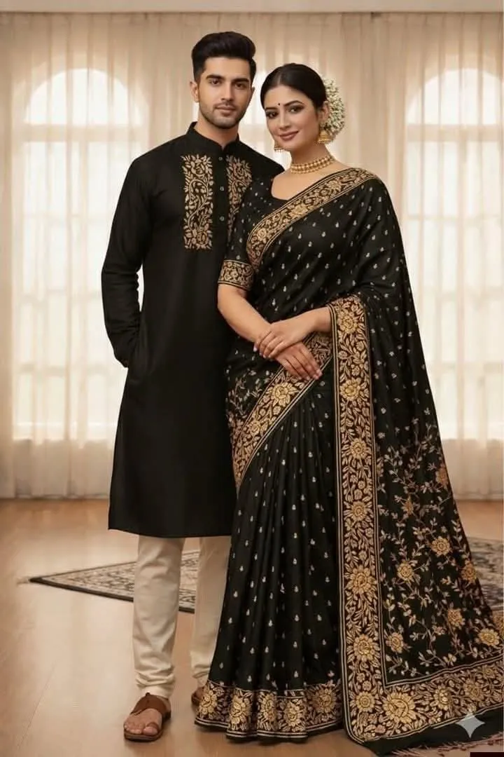 Screen Print Silk Saree and Block Print Panjabi Couple Set