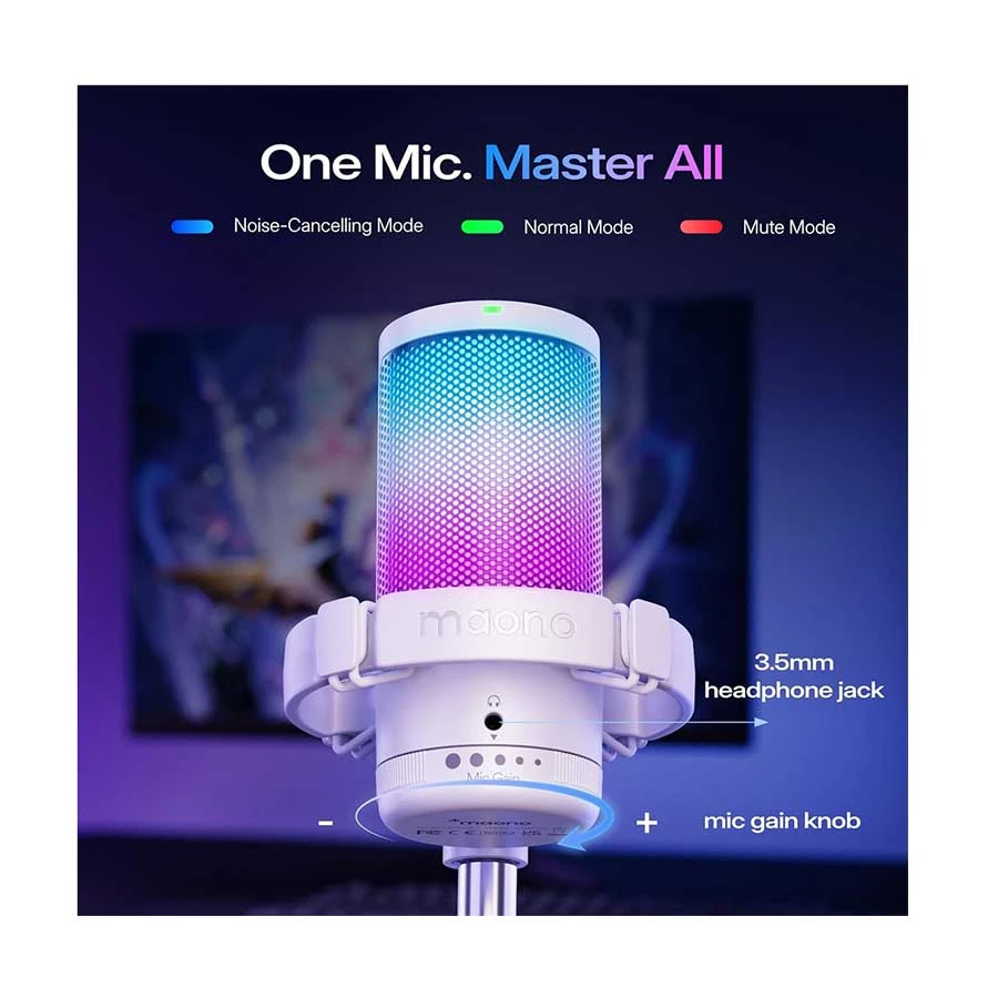 Maono DGM20S RGB White Condenser Gaming Microphone with Boom Arm
