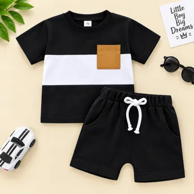 Black & White Color-Block Boys' Summer Two-Piece Set with Brown Pocket