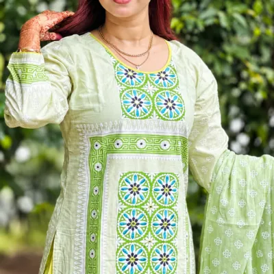 Premium Aarong Cotton Readymade Three-Piece Set with Sequins & Mirror Work