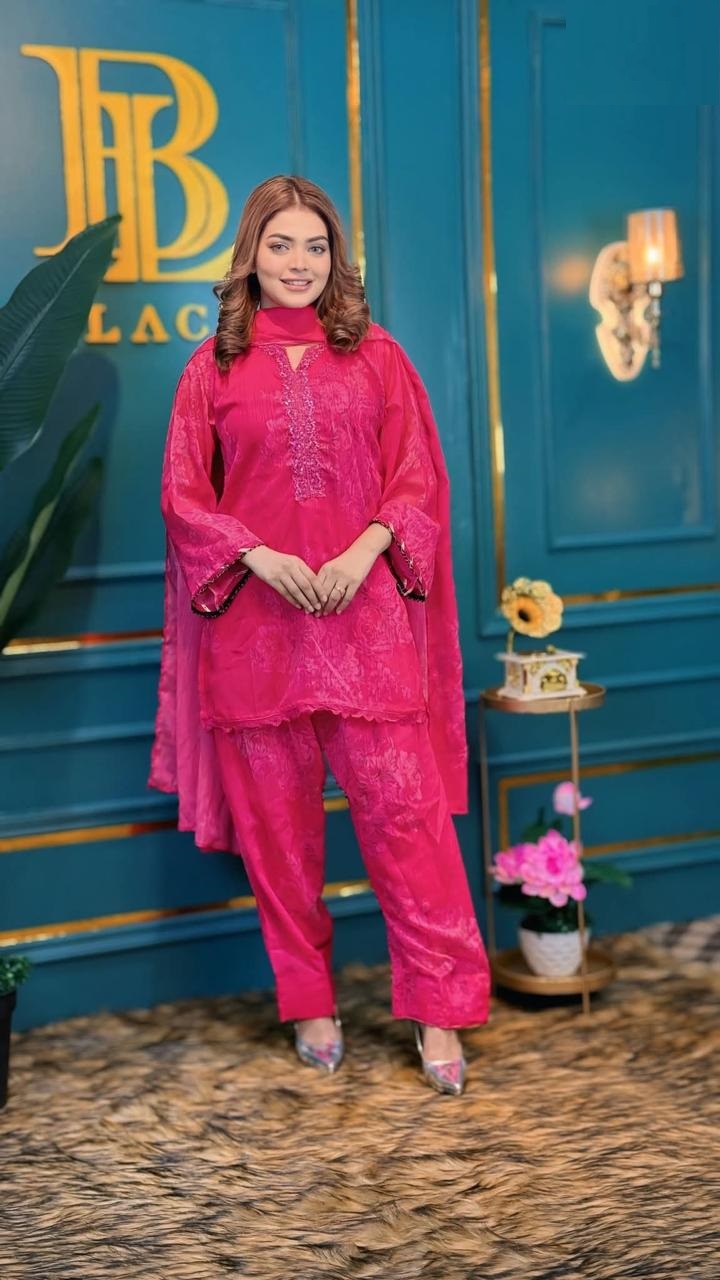 Chiffon Georgette Lace Work Three Piece with Farshi Salwar