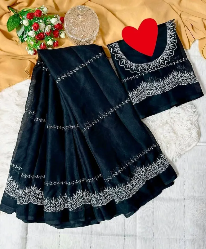 Soft Georgette Embroidery Saree with Matching Blouse, 12 Haath