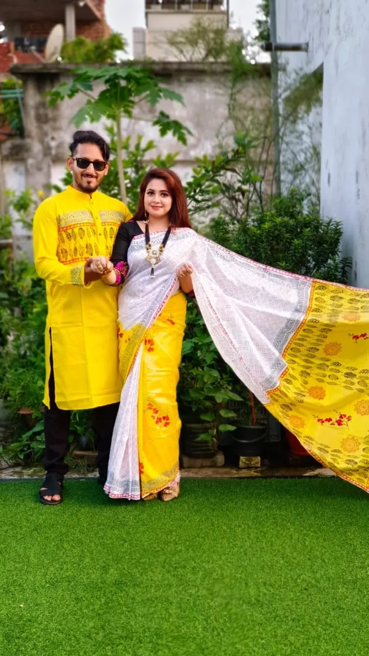 Screen Print Dhupian Silk Saree and Panjabi for Couples, 12 Haath