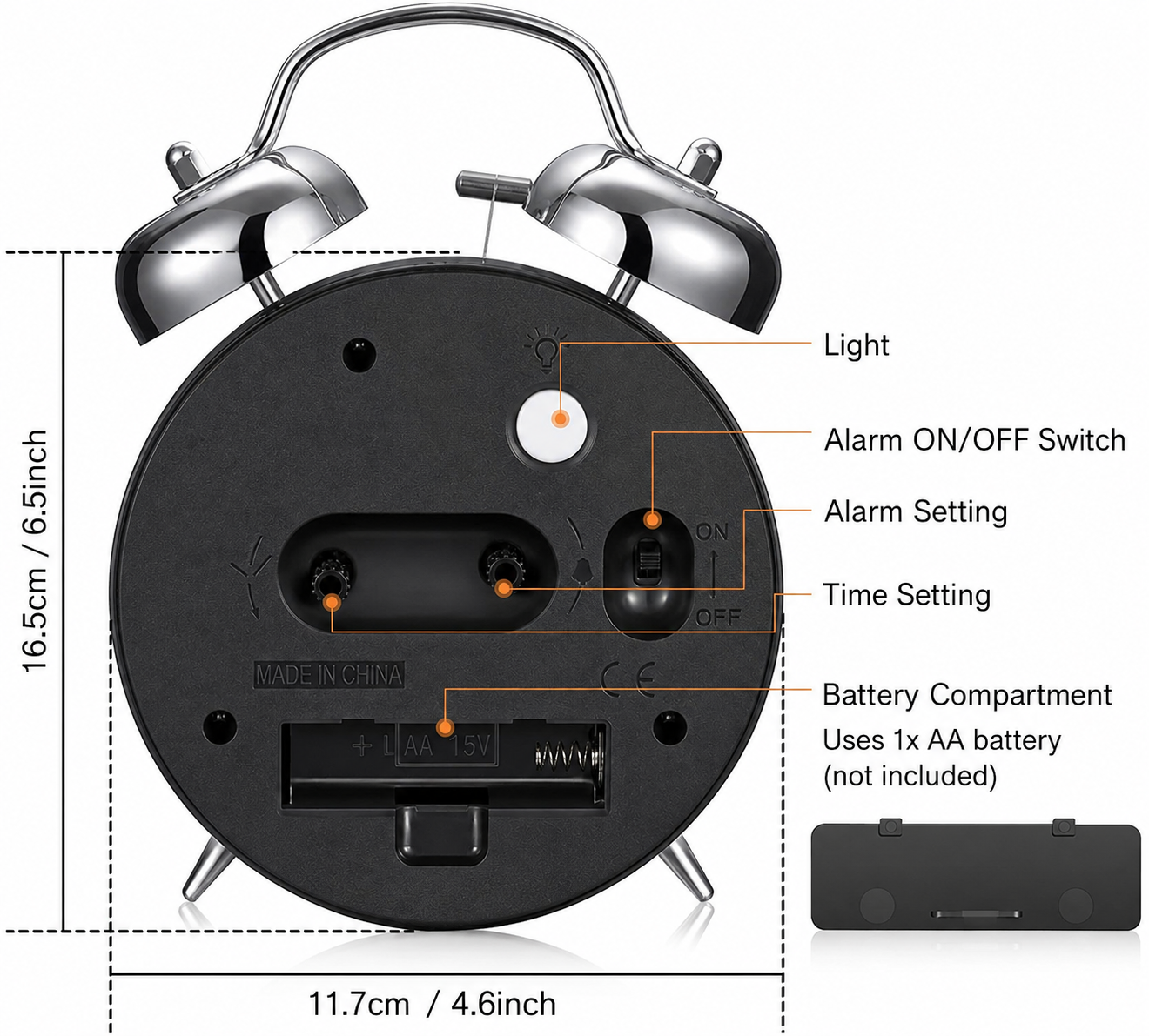 Round Copper Metal Twin Bell Alarm Clock – Non-Ticking Retro Desk Clock with Loud Ring for Morning Wake Up (Durable Metal Design)