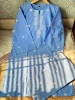 Women's Pure Cotton Flower Embroidery Co-Ord Set, Lace Sleeves