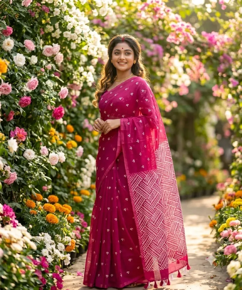 Half Silk Screen Print Saree with Jamdani Design, 5 Colours