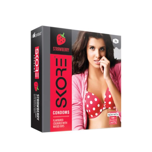 SKORE Strawberry Climax Delay With Raised Dots Condom-Single Pack-3pcs