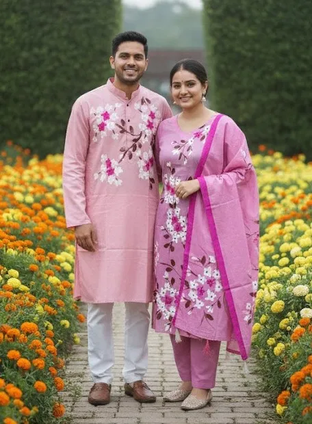 Matching Couple Set, Unstitched Voile Three Piece and Silk Panjabi