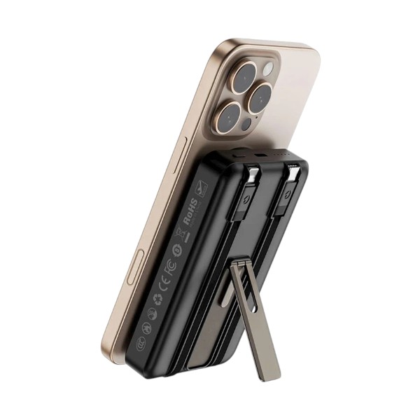 WIWU Elite Wi-P056 Dual Cable 10000mAh Black 15W Magnetic Wireless Power Bank With Alloy Stand