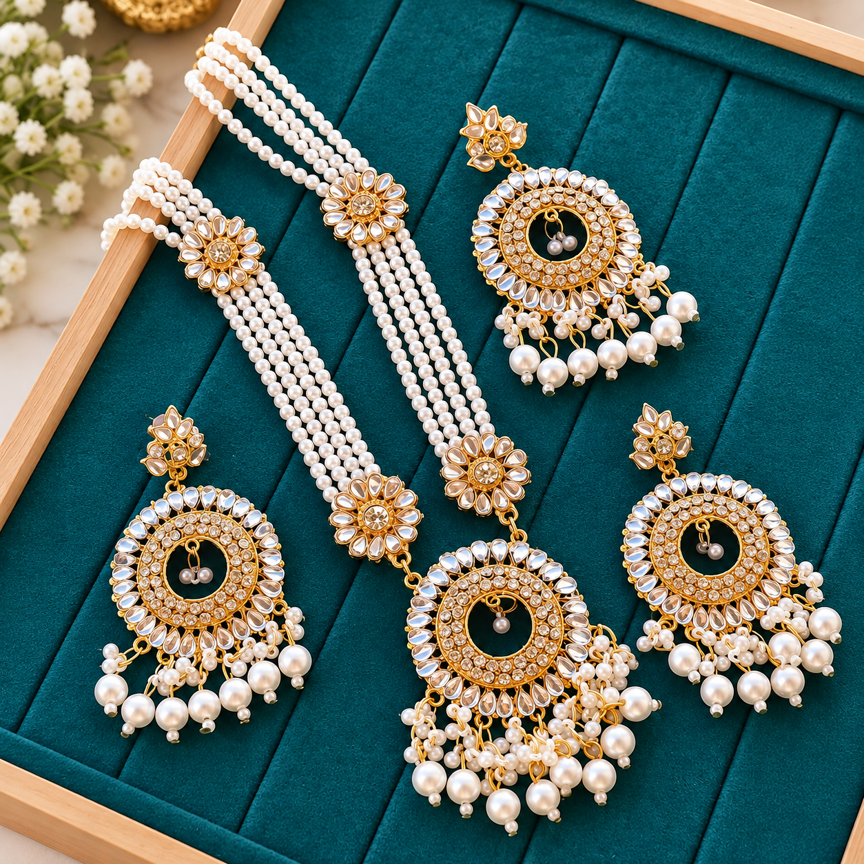 Exclusive Gorgeous Gold-Plated Kundan and Pearl Sitahar Jewelry Set (Sitahar, Earrings, and Tikli)