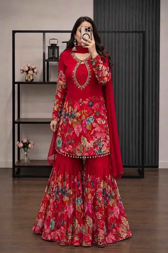 Women's Micro Georgette Three Piece with Stone Work Chiffon Orna