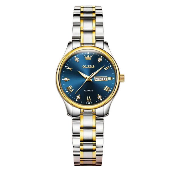 Olevs 5563 Luxury Fashion Round Quartz Women's Watch – Silver Gold & Blue