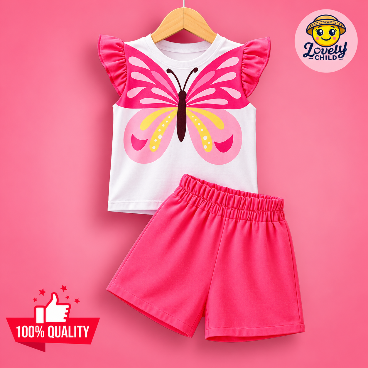 Cute Butterfly Print Flutter Sleeve T-Shirt & Shorts Set