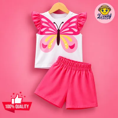 Cute Butterfly Print Flutter Sleeve T-Shirt & Shorts Set