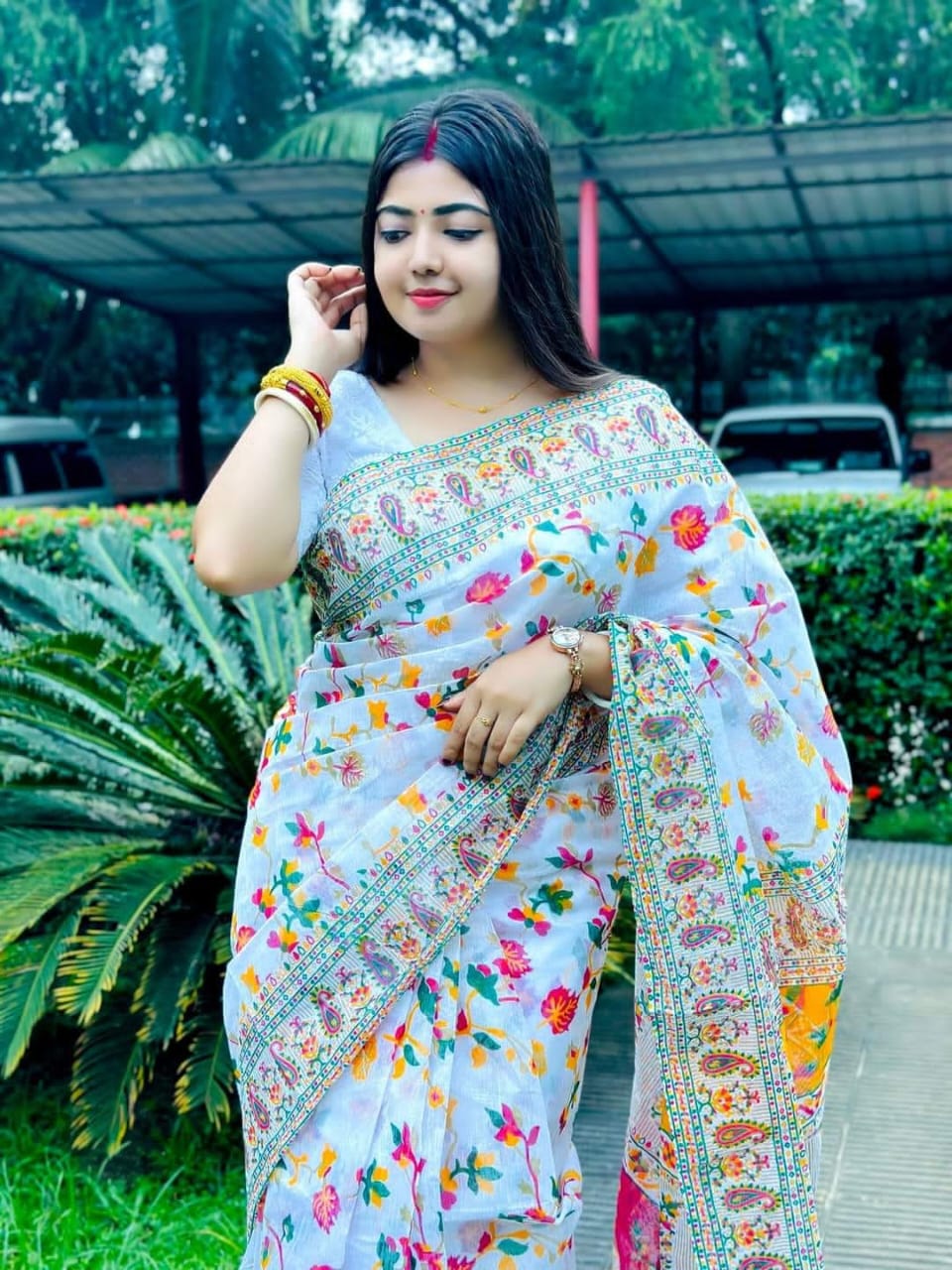 Half Silk Screen Print Saree, 12 Haath Length, 6 Colours