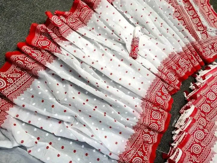 Half Silk Jamdani Print Saree for Puja, 6 Colours