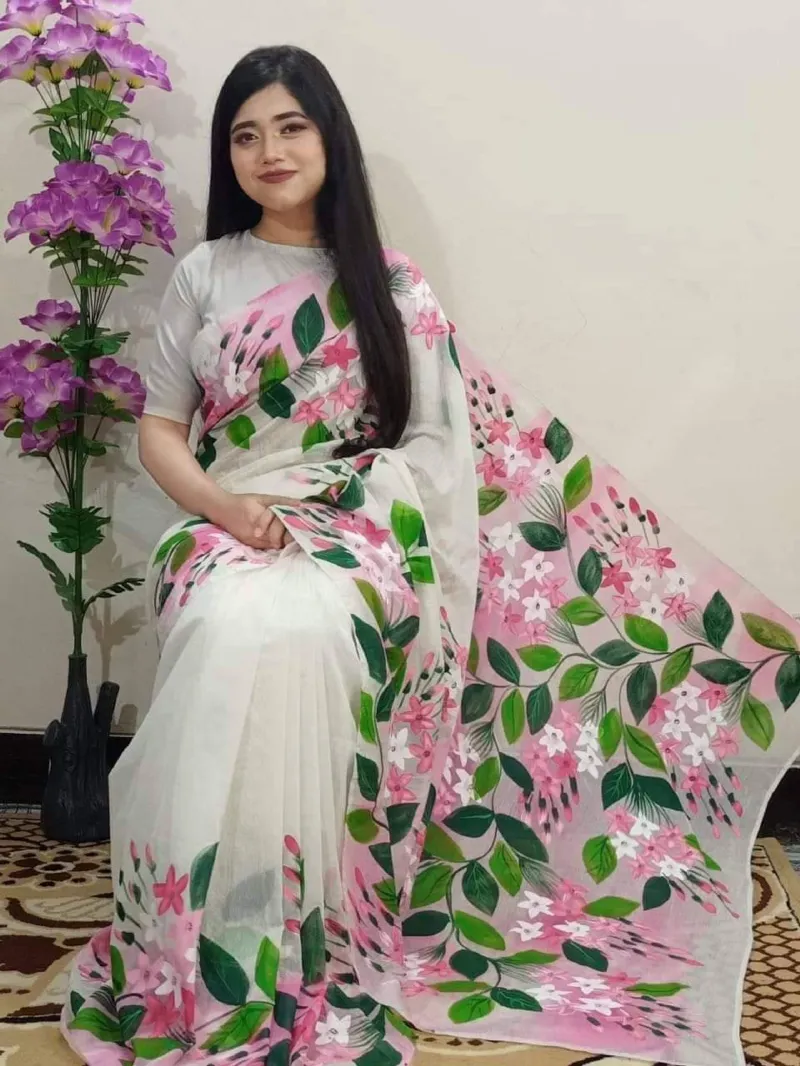 Tuli Brush Hand Print Half Silk Saree, 12 Haath