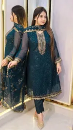 Faux Georgette Embroidered Four Piece Set with Micro Silk Salwar