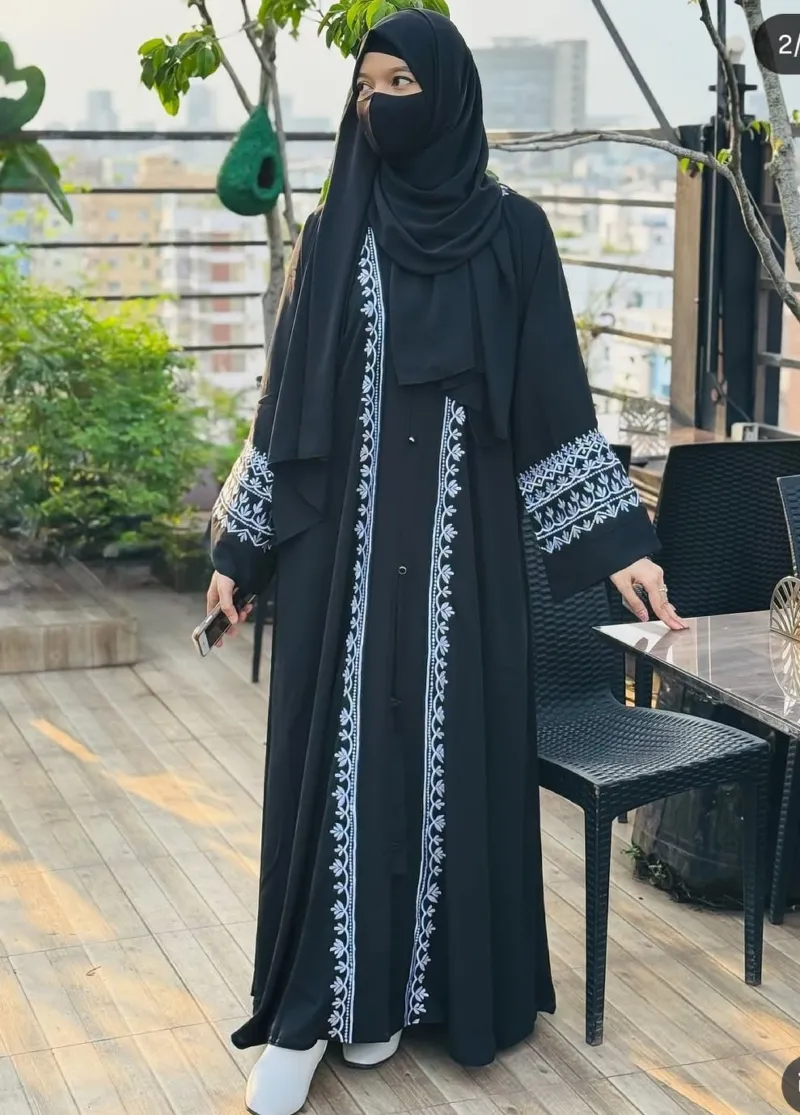 Women's Embroidered Abaya with Inner, Koti and Hijab, 3 Colours