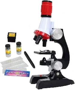Kids Beginner Science Microscope Kit LED 100X, 400x, and 1200x Magnification – Black & Red Color