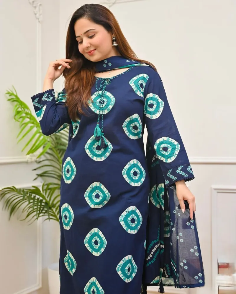 Soft Cotton Chunri Print Three Piece with Tassels, M and L
