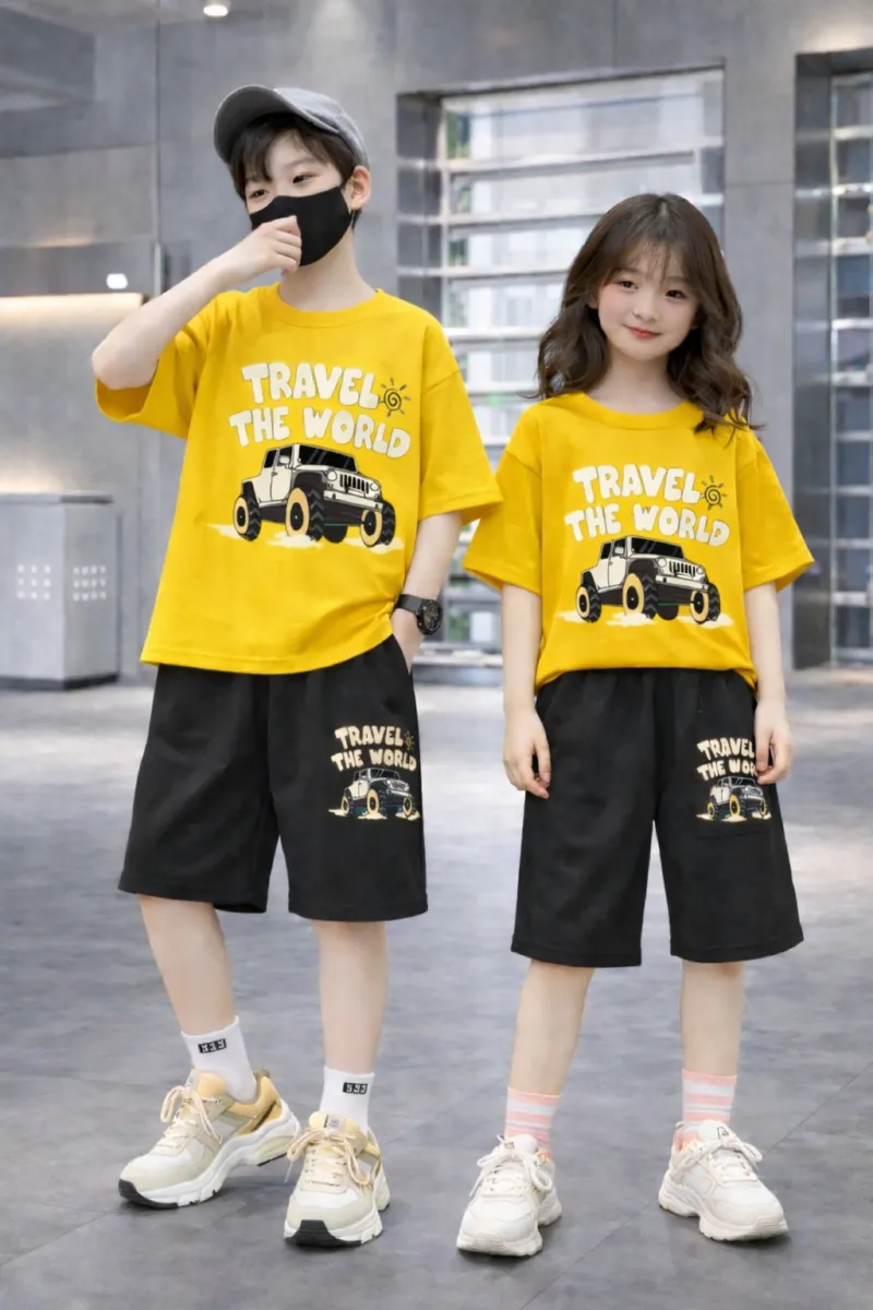 Kids' Drop Shoulder Cotton T-Shirt and Pant Set, 200/220 GSM