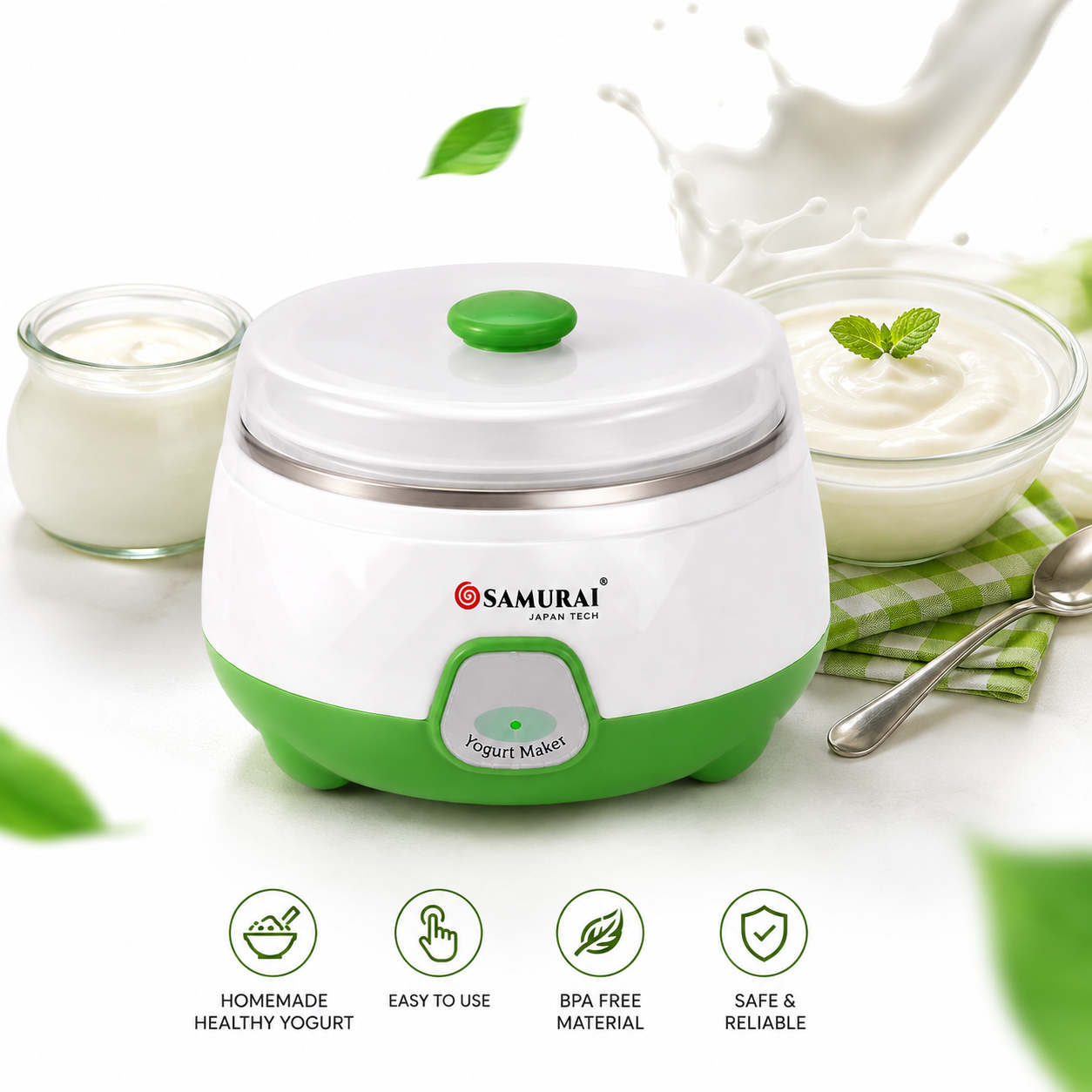 Samurai 1.5L Fully Automatic Yogurt Maker – 15W Electric Doi Maker Machine with Auto Temperature Control for Home-Made Healthy Yogurt
