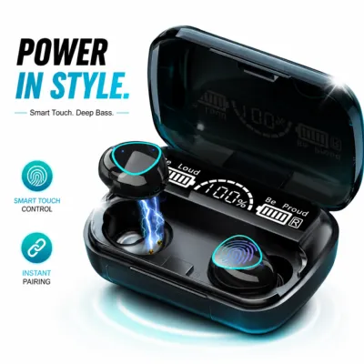 M10 True Wireless Earbuds – Bluetooth 5.1 TWS with 2000mAh Power Bank Charging Case, LED Battery Display, IPX7 Waterproof & Hi-Fi 9D Bass