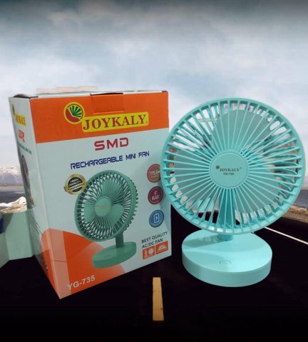 Joykaly YG-735 Rechargeable Portable Desk Fan – 2400mAh Lithium Battery, 3-8 Hours Backup, 90° Adjustable Angle, 3-Blade Cooling Fan for Home & Office