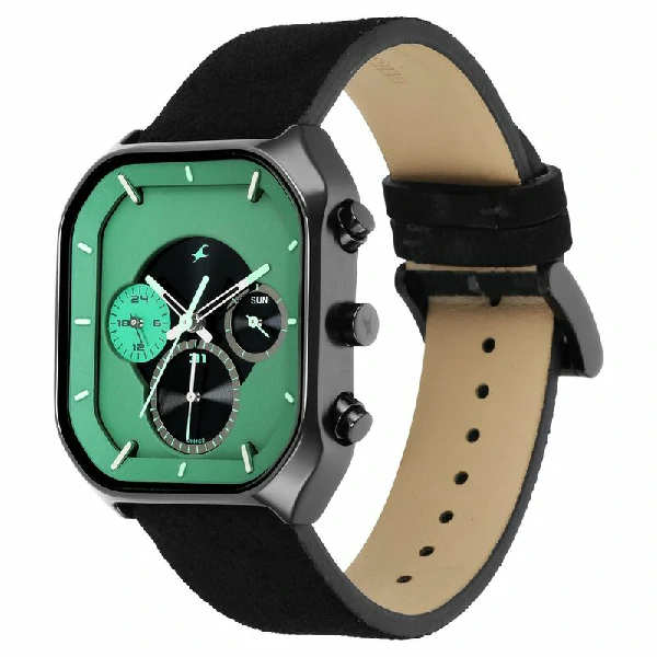 Fastrack NS3270NL01 After Dark Quartz Analog with Day and Date Green Dial Leather Strap Watch