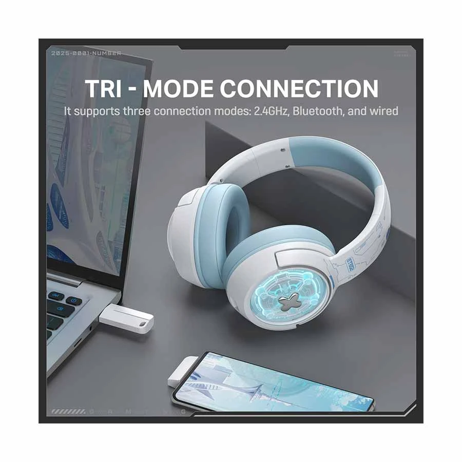 Onikuma GT802 RGB Tri-Mode Bluetooth White Stereo Gaming Headphone
