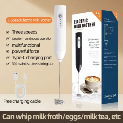 Rechargeable Stainless Steel Coffee & Milk Frother – 3-Speed Adjustable Handheld Electric Whisk with Type-C Charging for Coffee, Milkshake, Eggs & Lassi