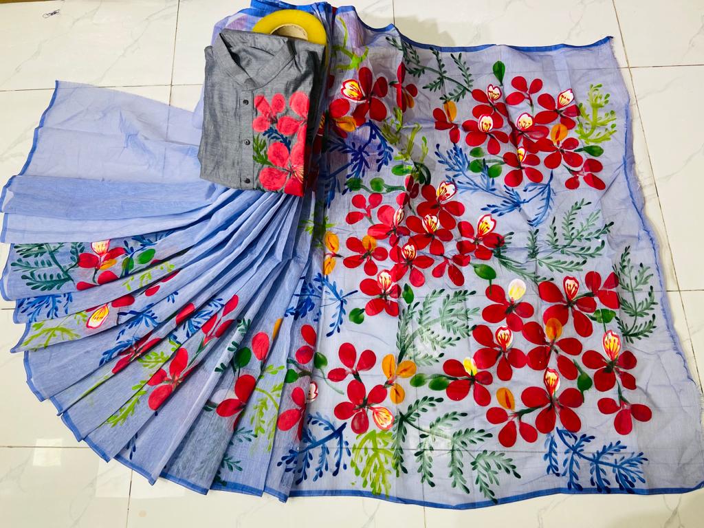 Matching Hand Print Saree and Panjabi Couple Set, Sizes 38 to 46