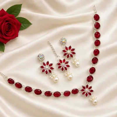 Premium Glamorous Red Stone and Pearl Jewelry Set – Necklace, Earrings & Tikka
