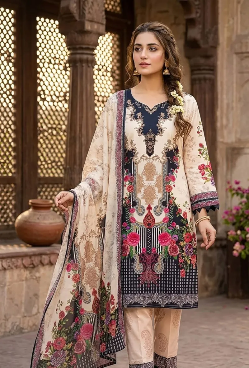 Digital Print Three Piece with Kota Silk Orna, 46 Inch Kameez