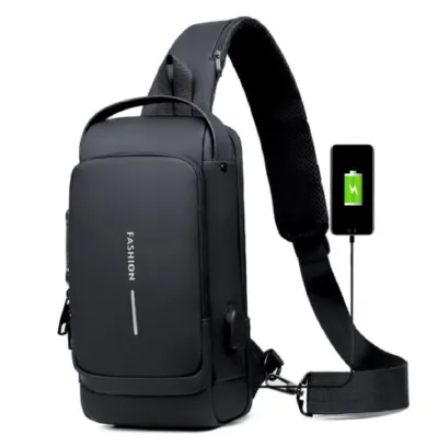 USB charging sport sling Anti-theft shoulder bag (Black)