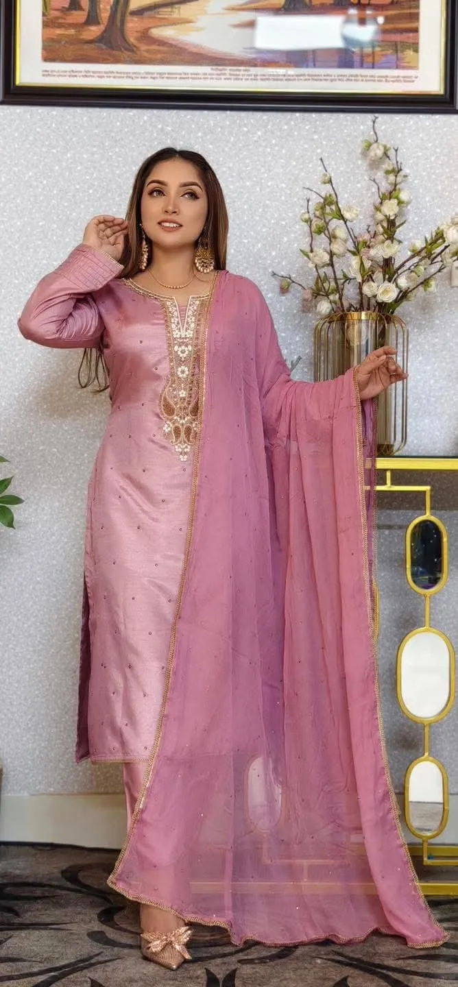 Embroidered Topeto Silk Three Piece, Lace Chiffon Orna, 6 Colours