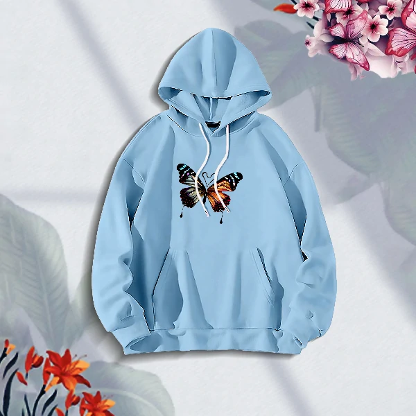 Premium Comfortable Stylish (Butterflies-Sky Blue) Ladies winter hoodie