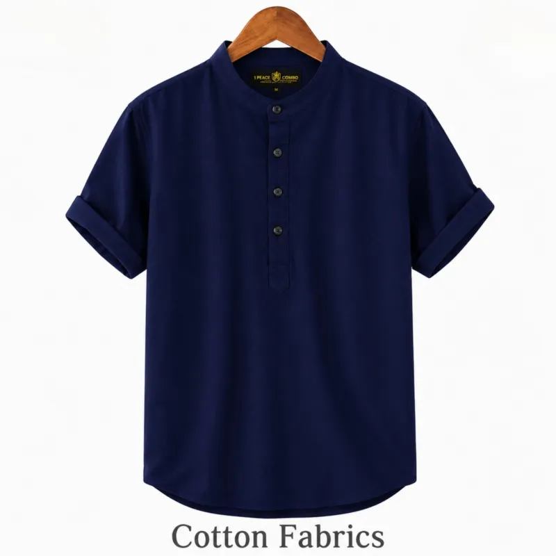 Men's Half Sleeve Band Collar Katua, Pure Oxford Cotton