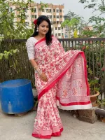 Half Silk Screen Print Saree, Saree Only, 4 Colours