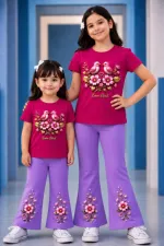 Girls' Printed Cotton Knit T-Shirt and Pant Set, 6 Colours