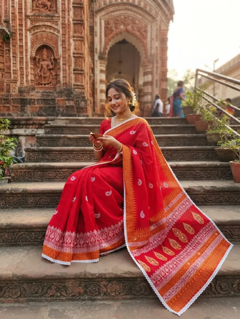 Khadi Cotton Block Print Saree with Lace Border and Blouse Piece