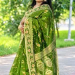 Premium Olive Green Traditional Jamdani Cotton Saree