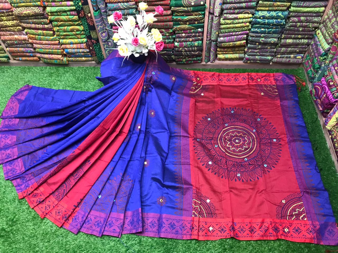 Dhupian Silk Block Print Saree with Embroidered Design, 13 Haath