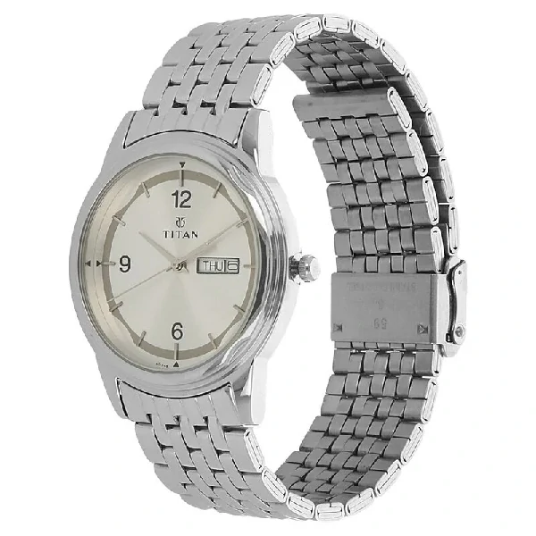 Titan Quartz Analog with Day and Date Silver Dial Stainless Steel Strap Watch for Men – NK1638SM01