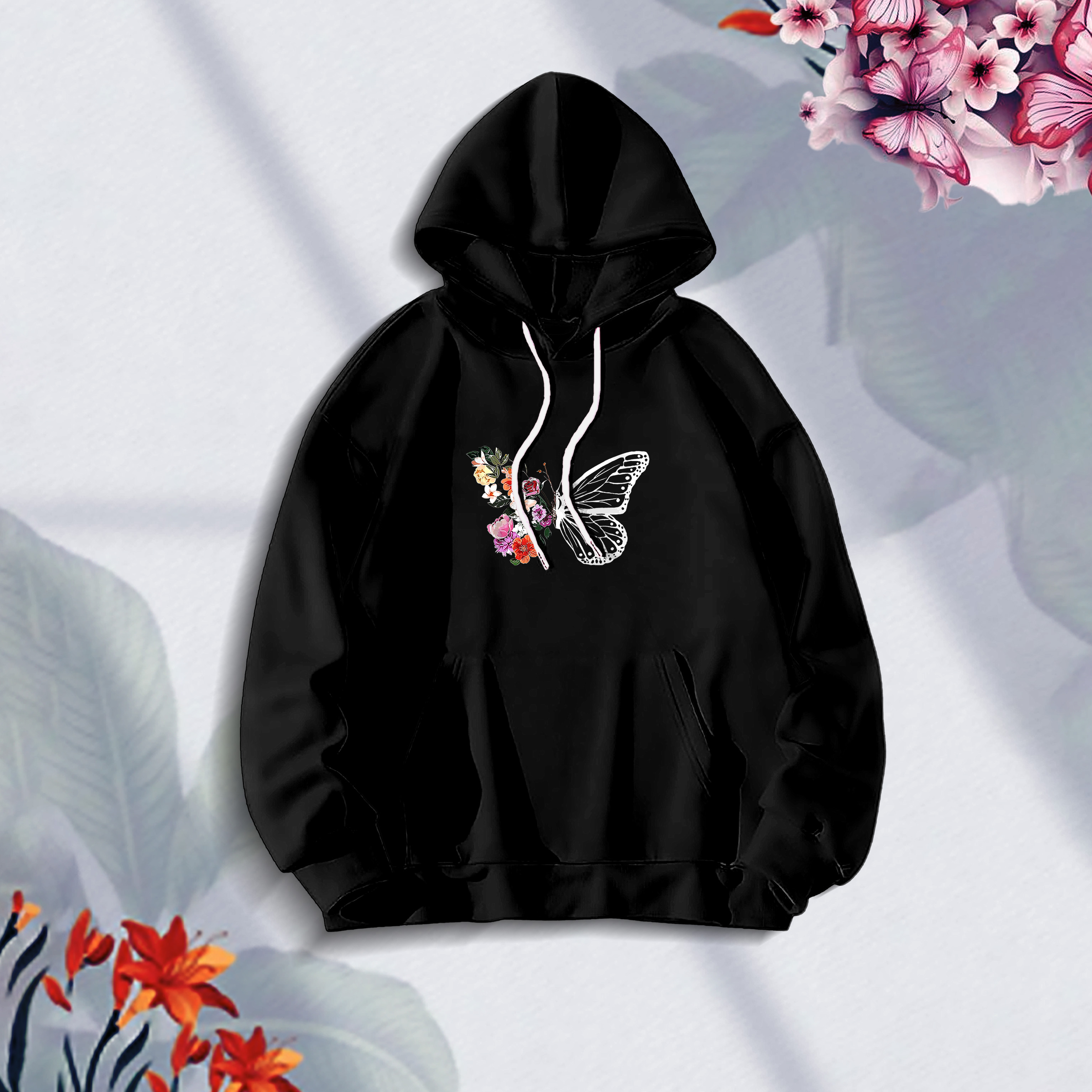 Premium Comfortable (Butterflies & Flowers-Black) Ladies winter hoodie